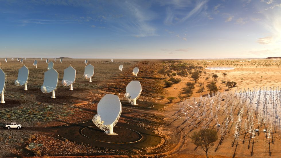 Desenho das futuras antenas do observatório SKA, num deserto da Austrália